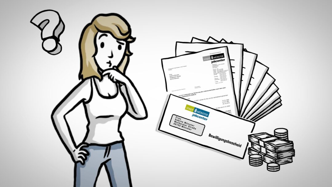Erklärfilm in der Verwaltungskommunikation Szenenbild aus einem animierten Erklärfilm für das Jobcenter Münster. Es zeigt eine ratlose Frau neben einem Brief des Jobcenters, aus dem zahlreiche Dokumente herausquellen. Danben ein paar Stapel Münzen.