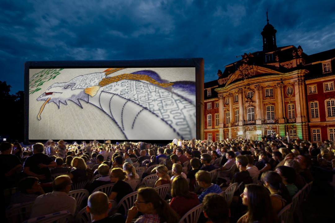 Premiere vor dem Schloss in Münster Werbespot auf der mobilen Kinoleinwand vor dem Schloss in Münster